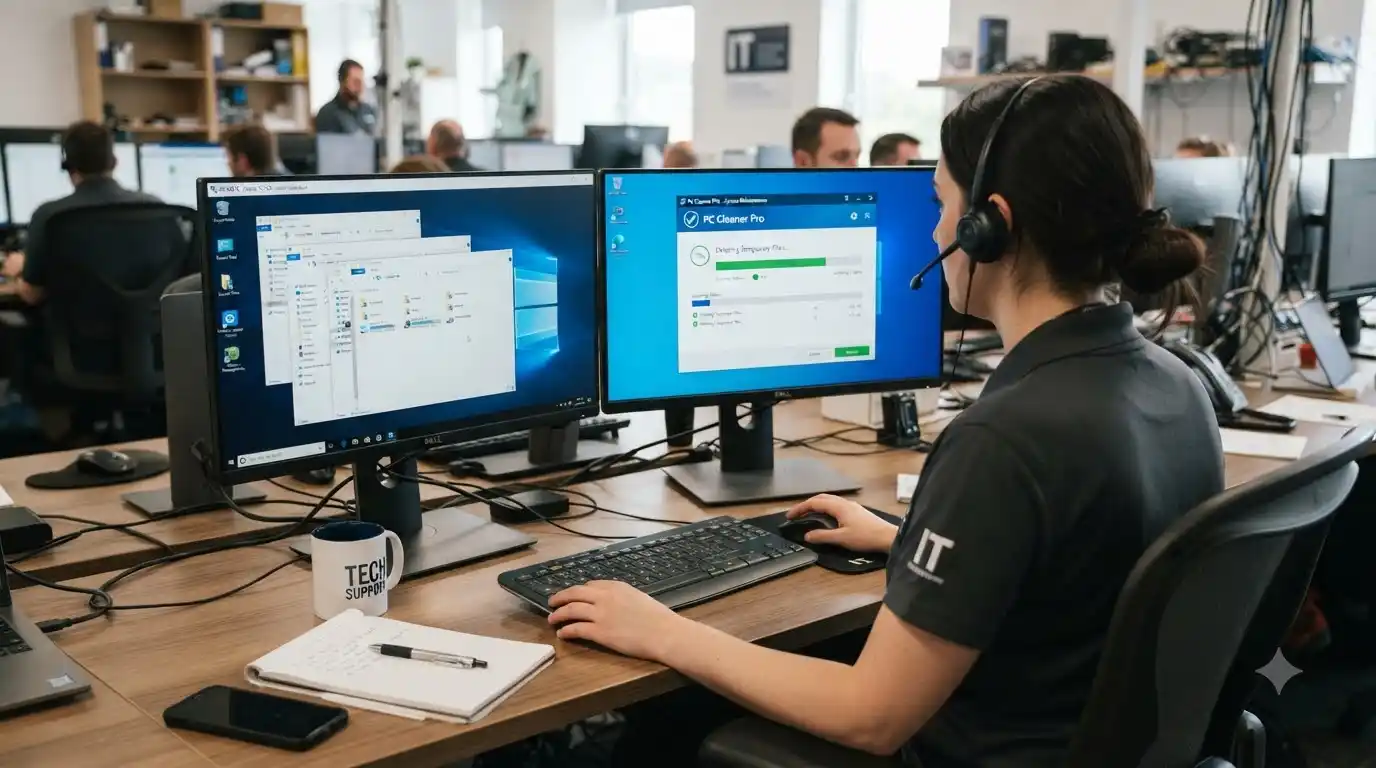 IT specialist working with dual computer monitors